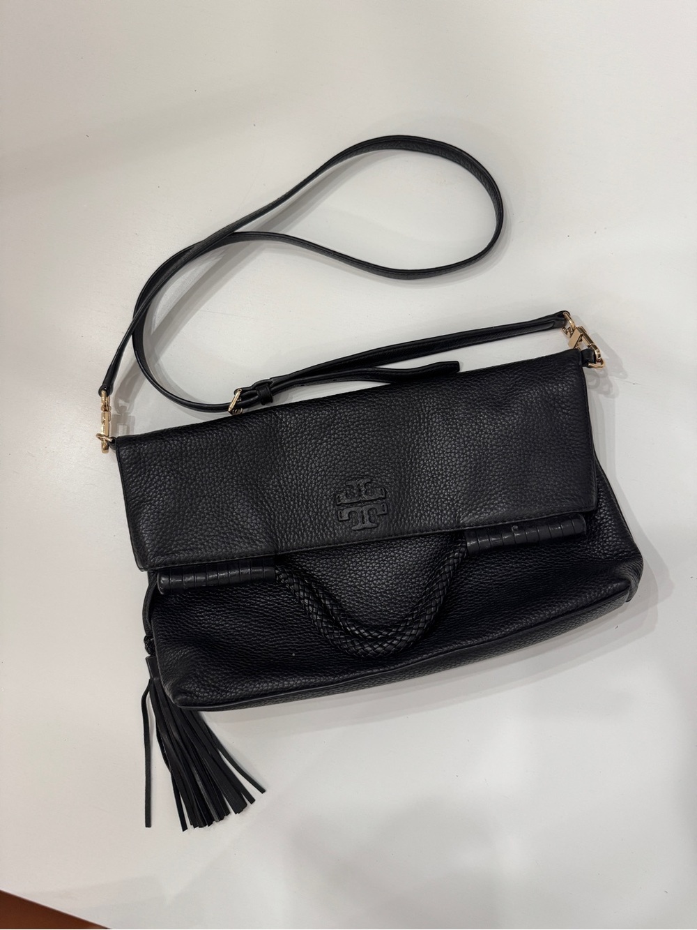Tory Burch Black Leather Fold-Over Crossbody with Tassel